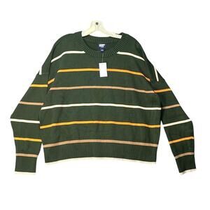 Land’s End Women's Plus Size Drifter Easy Fit Sweater 14-16 Striped Green Cotton